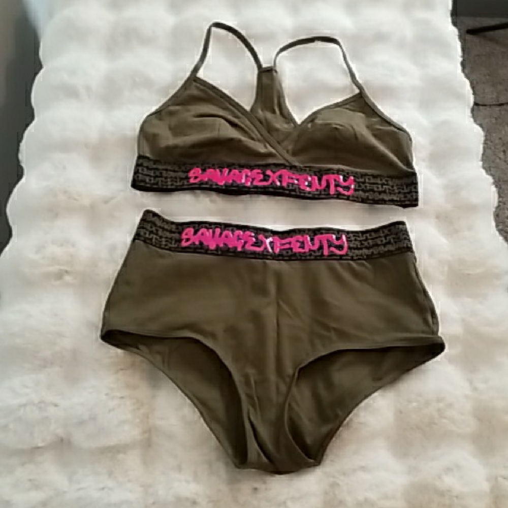 Savage X Fenty Khaki Bralette and Brief Set with Pink Accents
